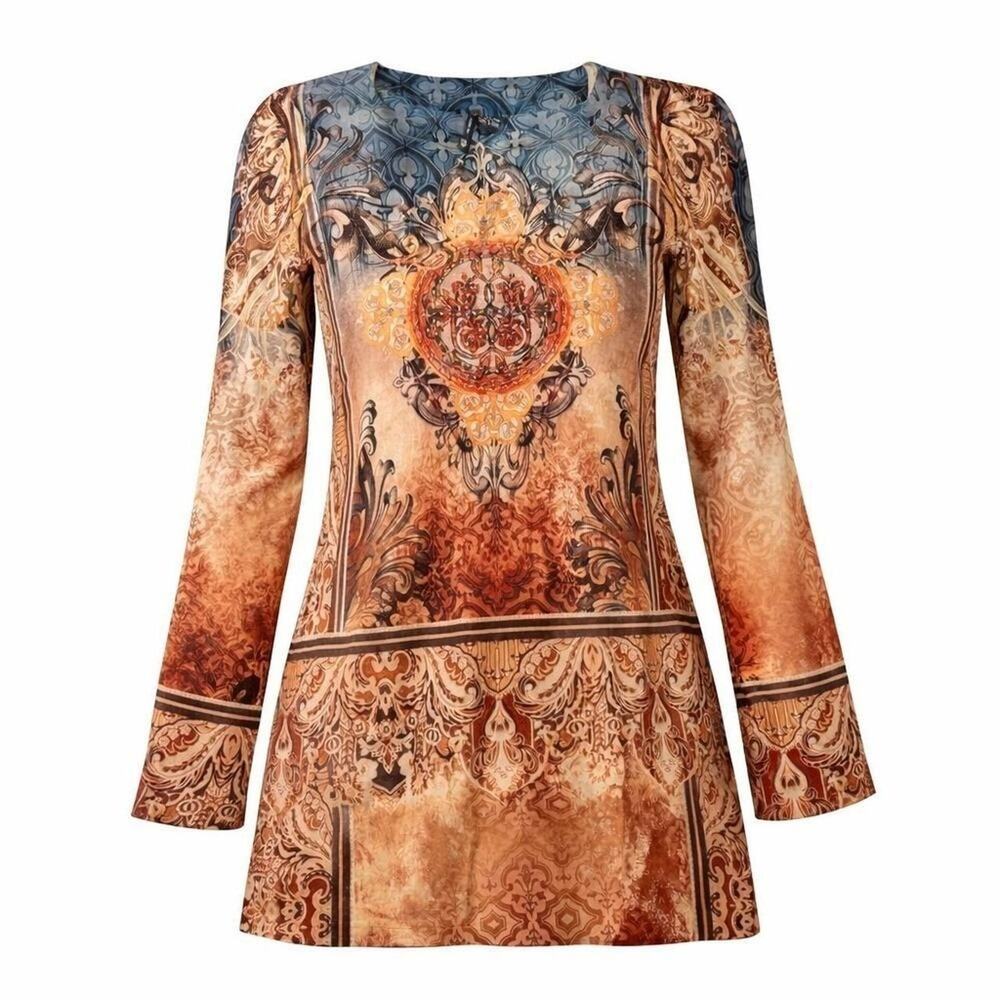 New Directions Womens‎ Long Sleeve Boho Print Rhinestone Tunic Top Brown Blue M
